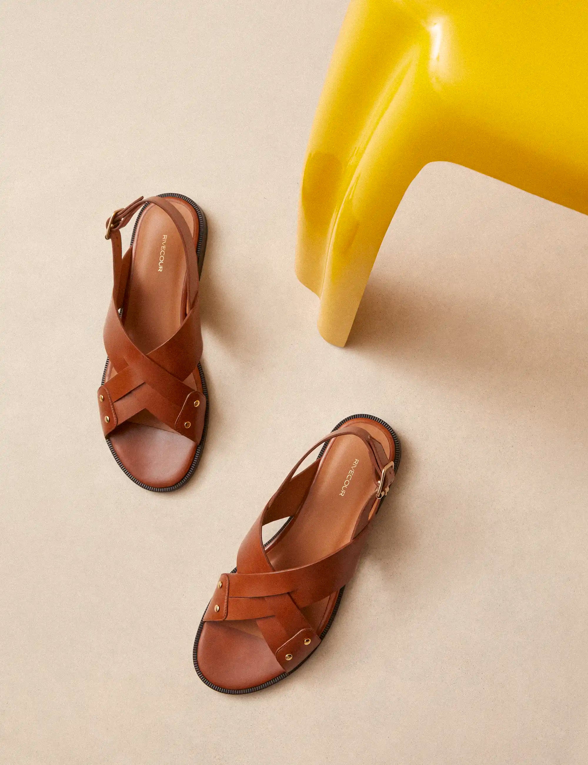 Sandales Plates Cuir Cognac - Numéro 204 - Rivecour