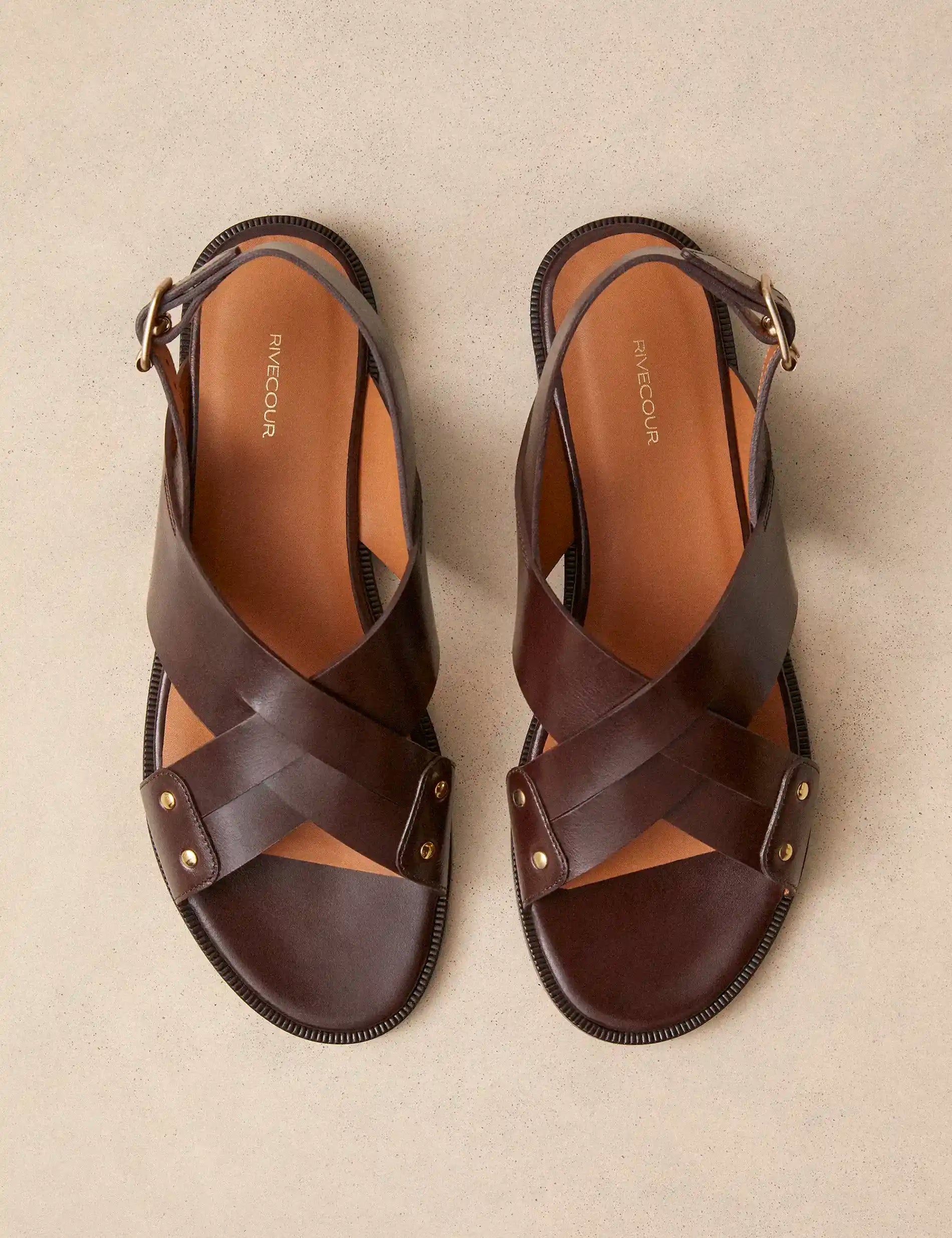 Sandales Plates Cuir Marron Chocolat - Numéro 204 - Rivecour