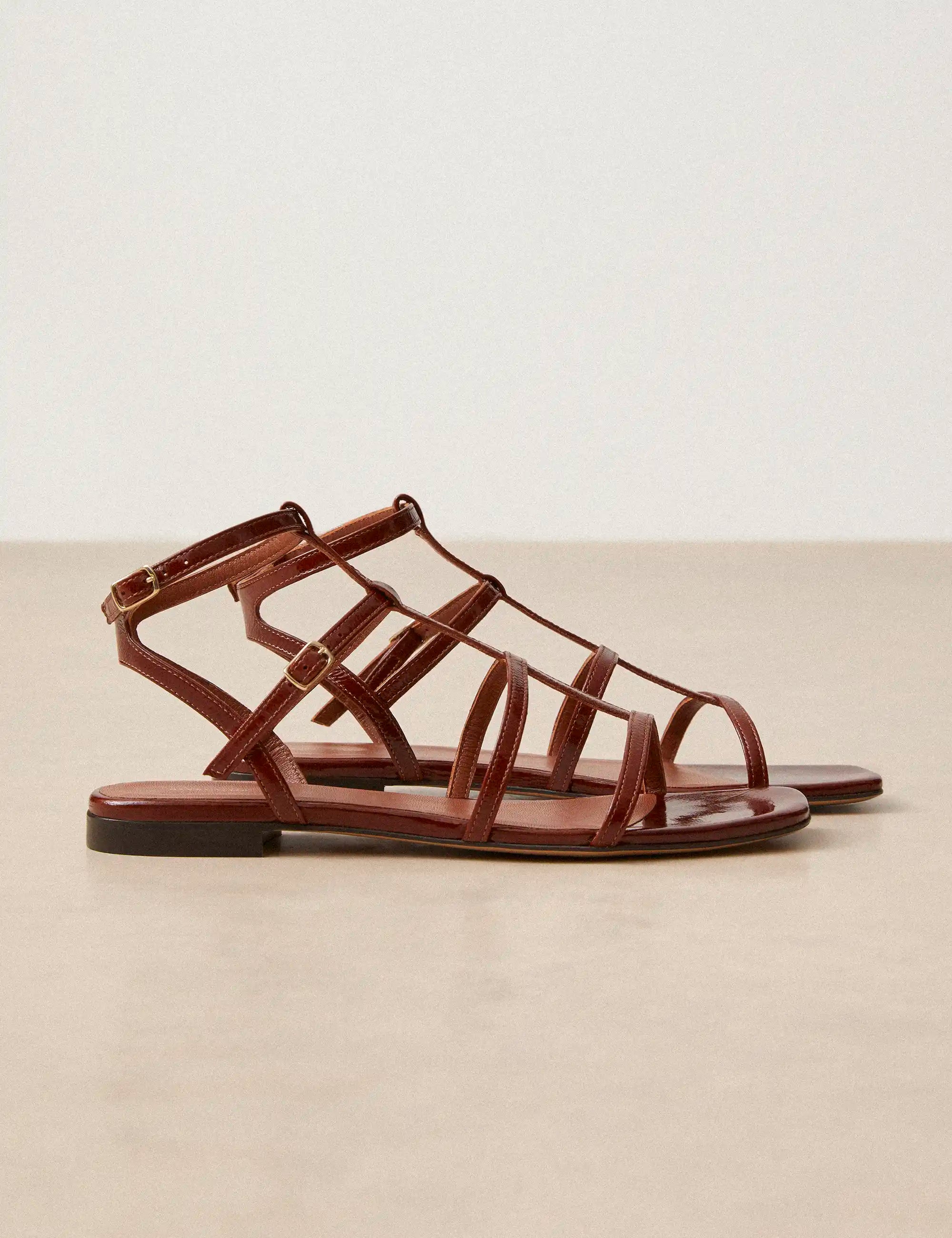 Flat Sandals Leather Patent Cognac - Numéro 210 - Rivecour