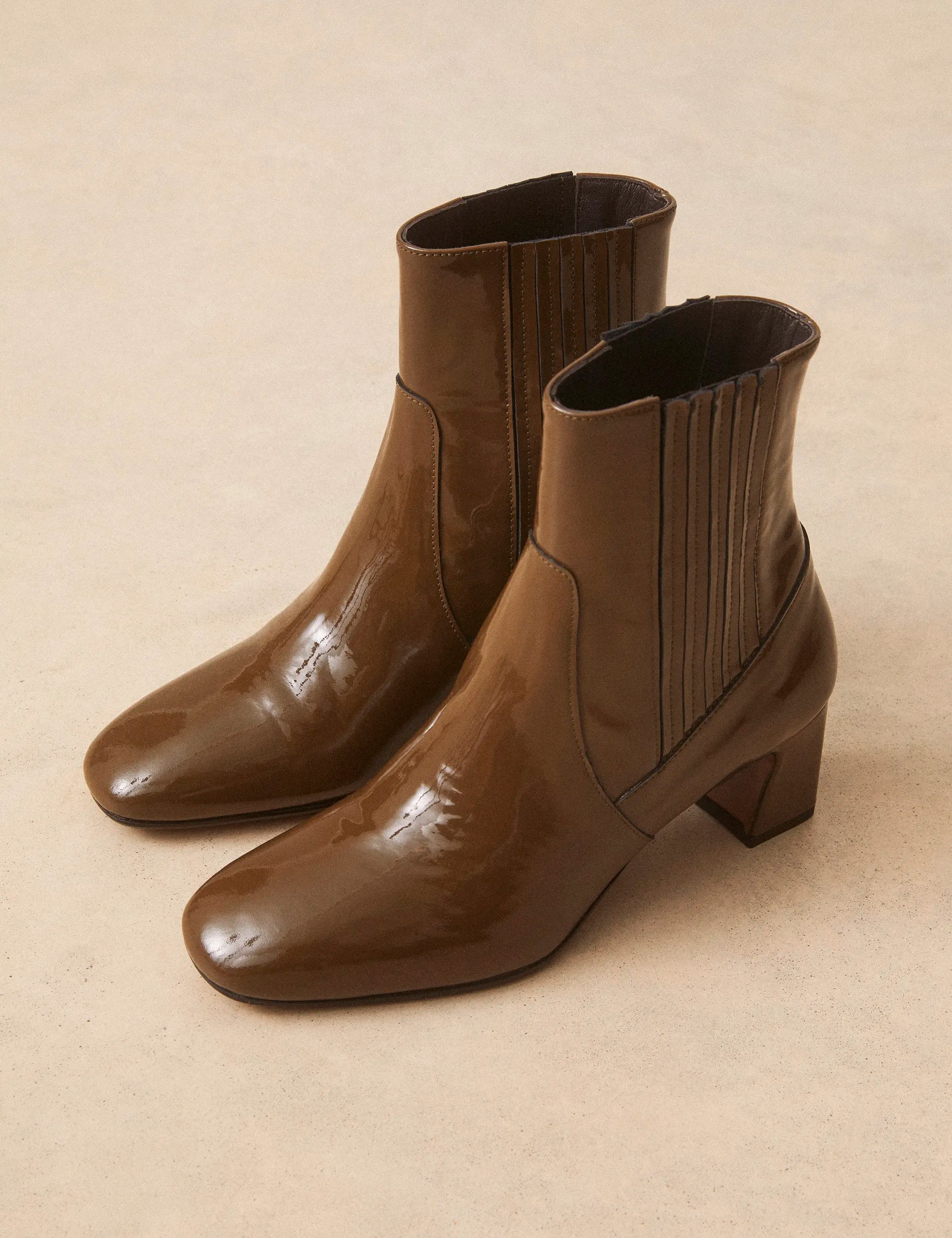 Bottines À Talons Cuir Vernis Kaki - Numéro 522 - Rivecour