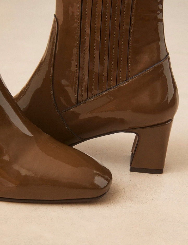 Bottines À Talons Cuir Vernis Kaki - Numéro 522 - Rivecour