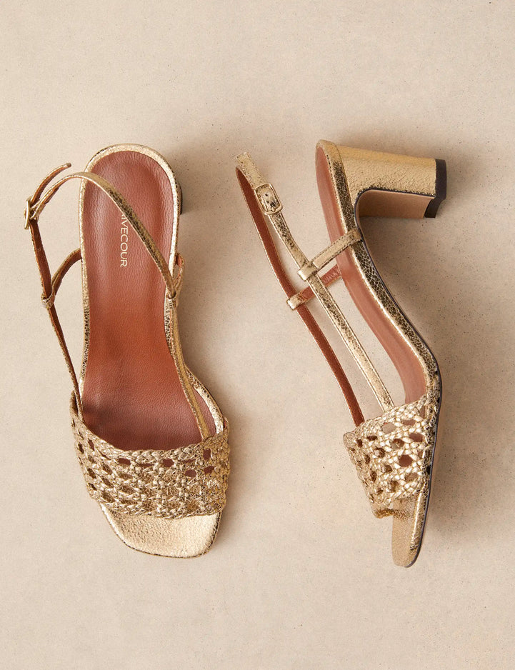Sandales À Talons Cuir Craquelé Doré - Numéro 592 - Rivecour