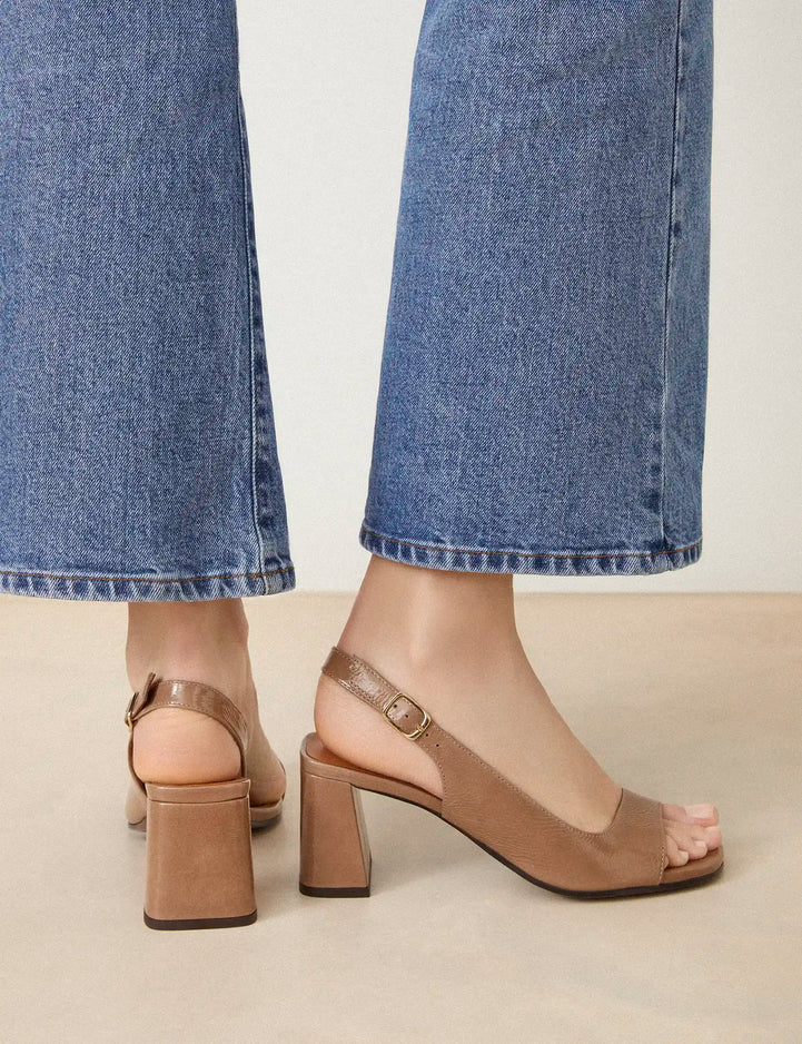 Sandales À Talons Cuir Vernis Taupe - Numéro 674 - Rivecour