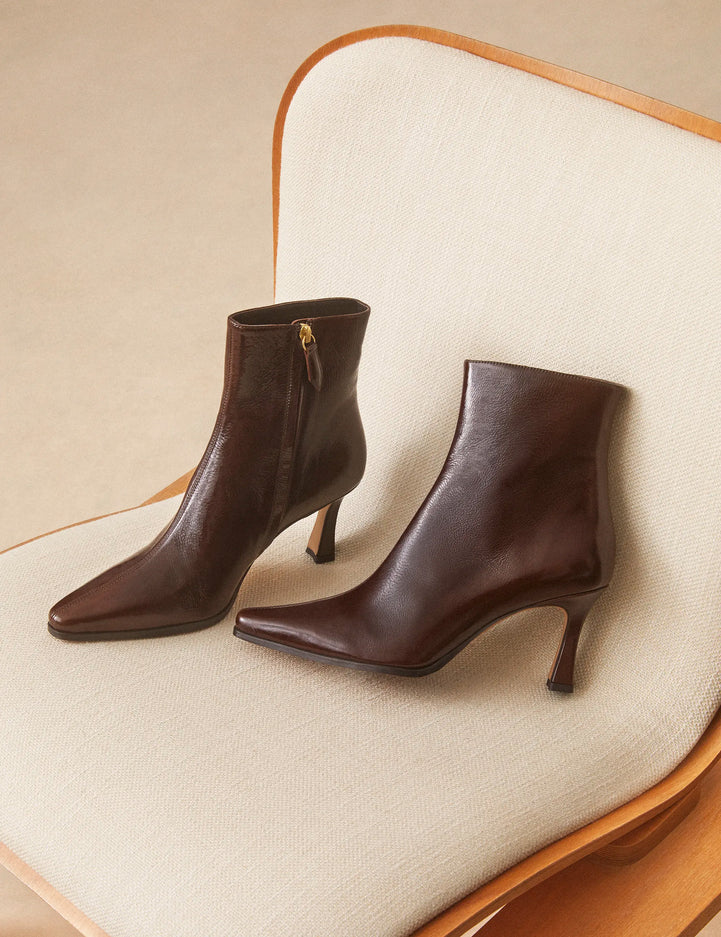 Bottines À Talons Cuir Vernis Marron Chocolat - Numéro 713 - Rivecour