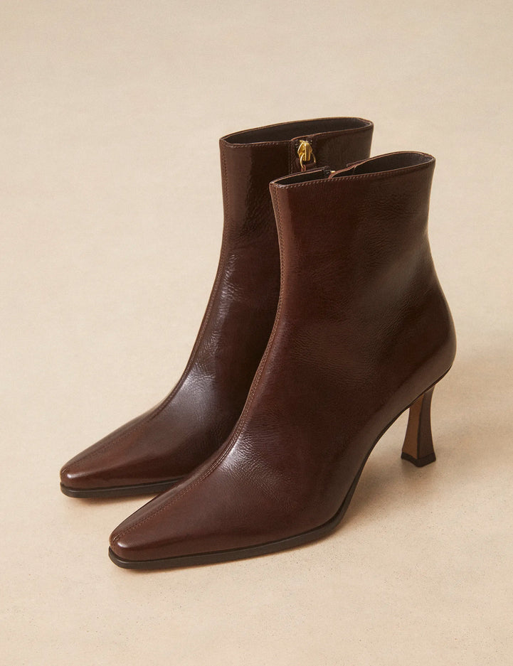 Bottines À Talons Cuir Vernis Marron Chocolat - Numéro 713 - Rivecour