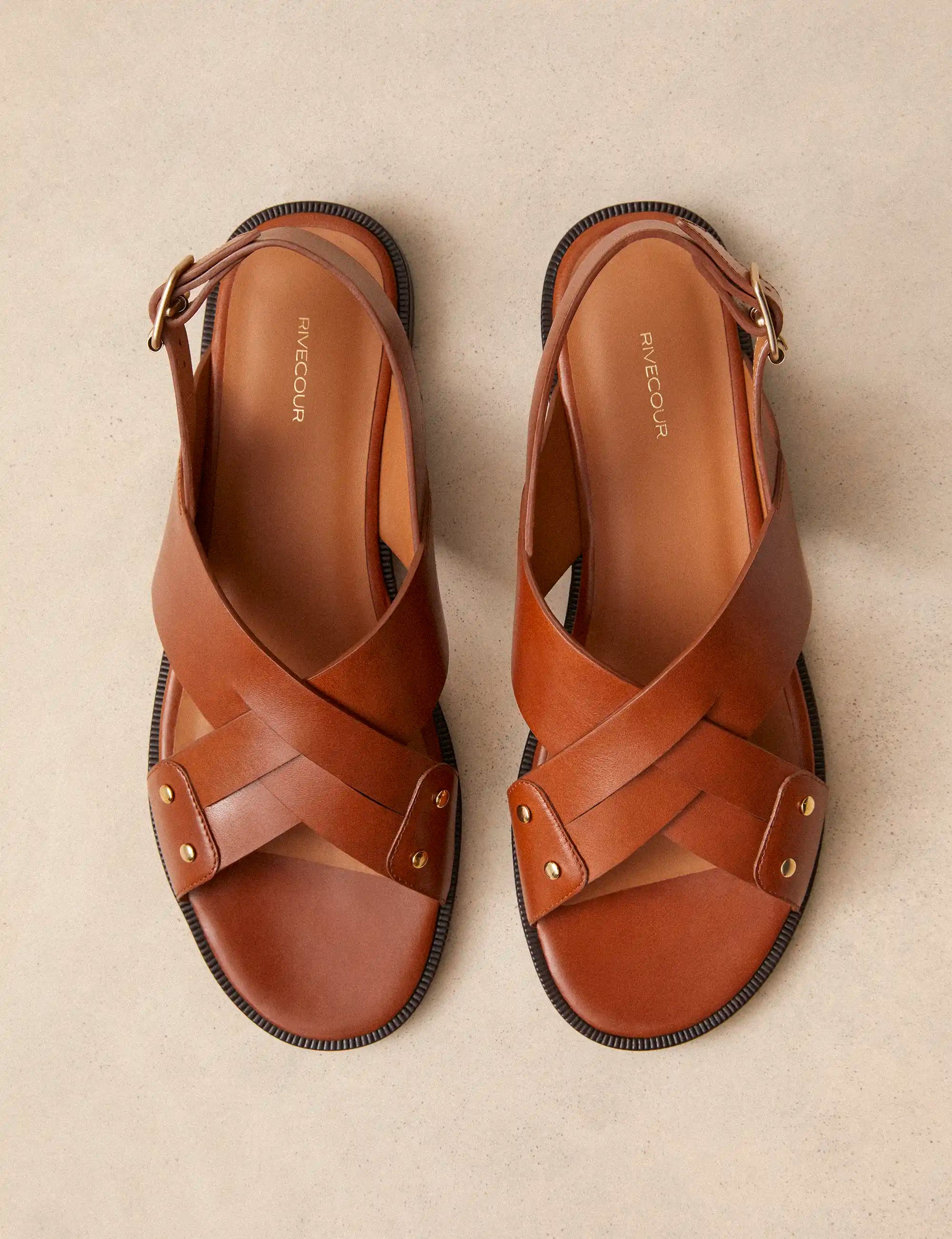 Sandales Plates Cuir Cognac - Numéro 204 - Rivecour