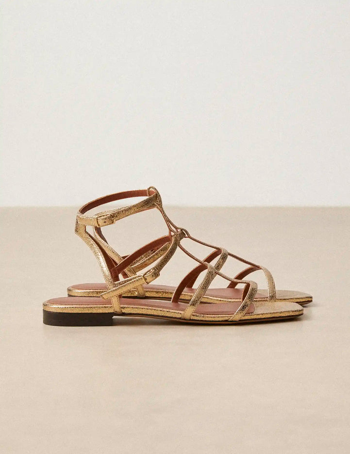 Sandales Plates Cuir Craquelé Doré - Numéro 210 - Rivecour