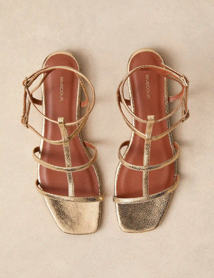 Sandales Plates Cuir Craquelé Doré - Numéro 210 - Rivecour