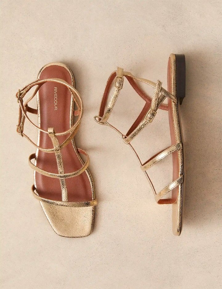 Sandales Plates Cuir Craquelé Doré - Numéro 210 - Rivecour