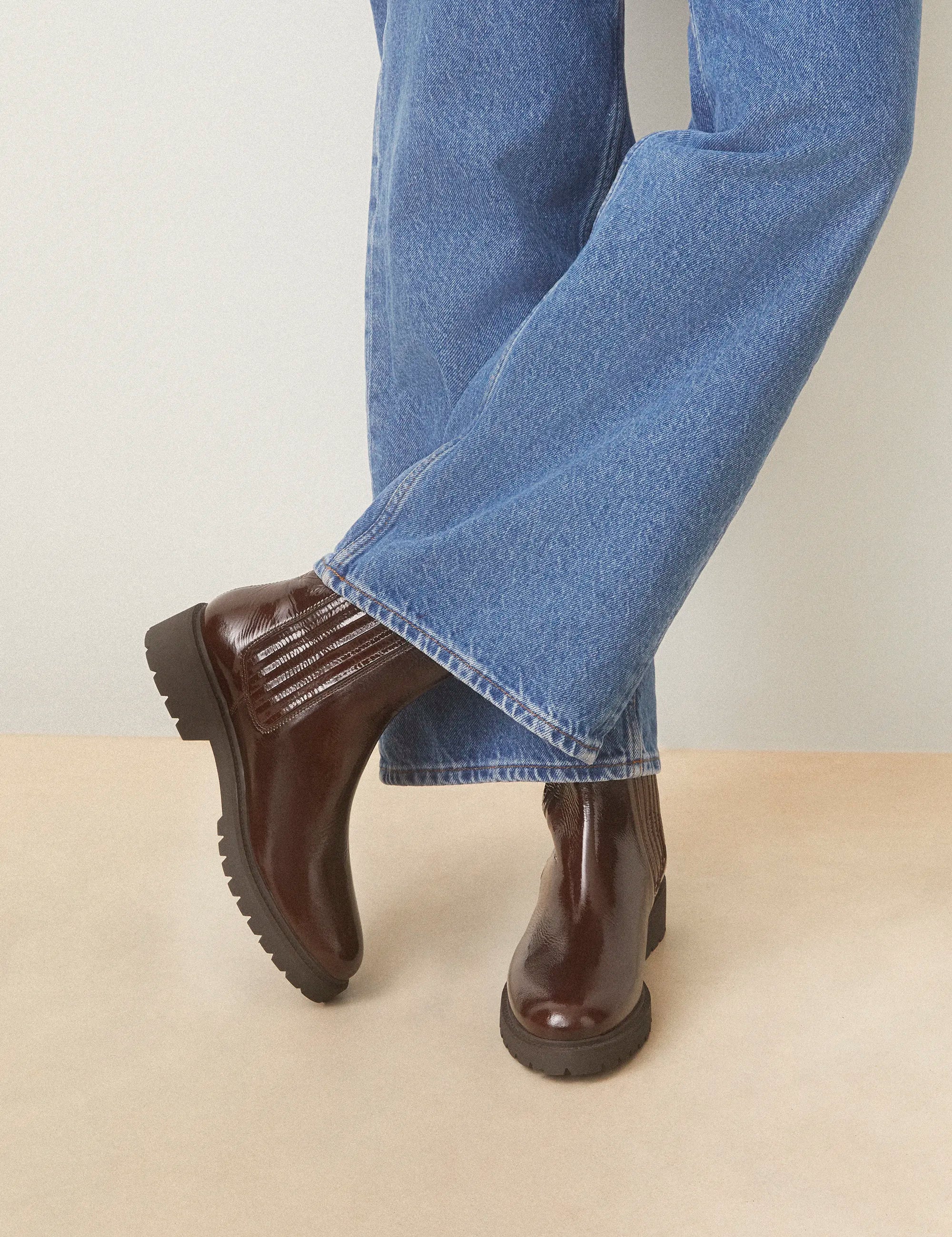 Bottines Plates Cuir Vernis Marron Chocolat - Numéro 305 - Rivecour