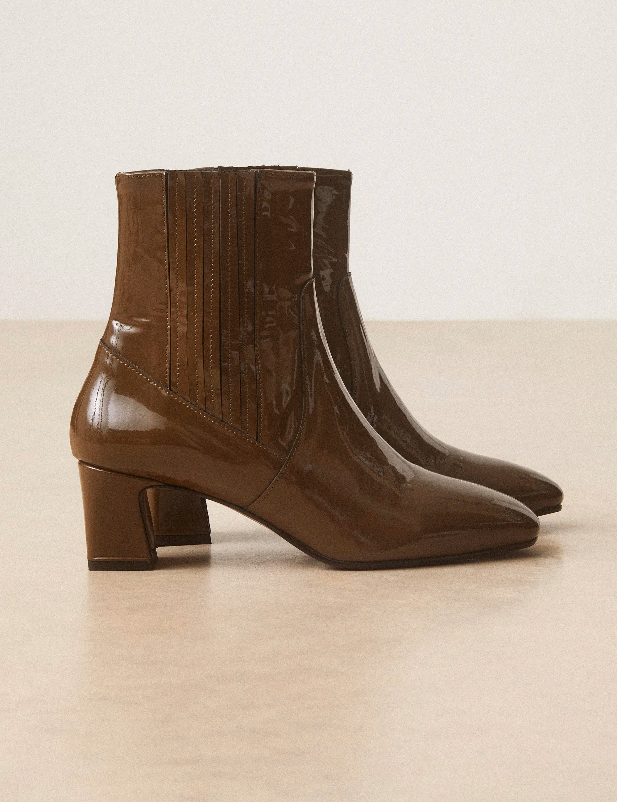 Bottines À Talons Cuir Vernis Kaki - Numéro 522 - Rivecour
