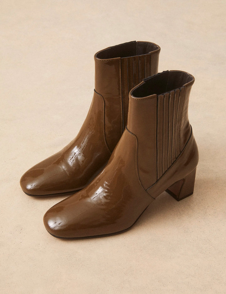Bottines À Talons Cuir Vernis Kaki - Numéro 522 - Rivecour