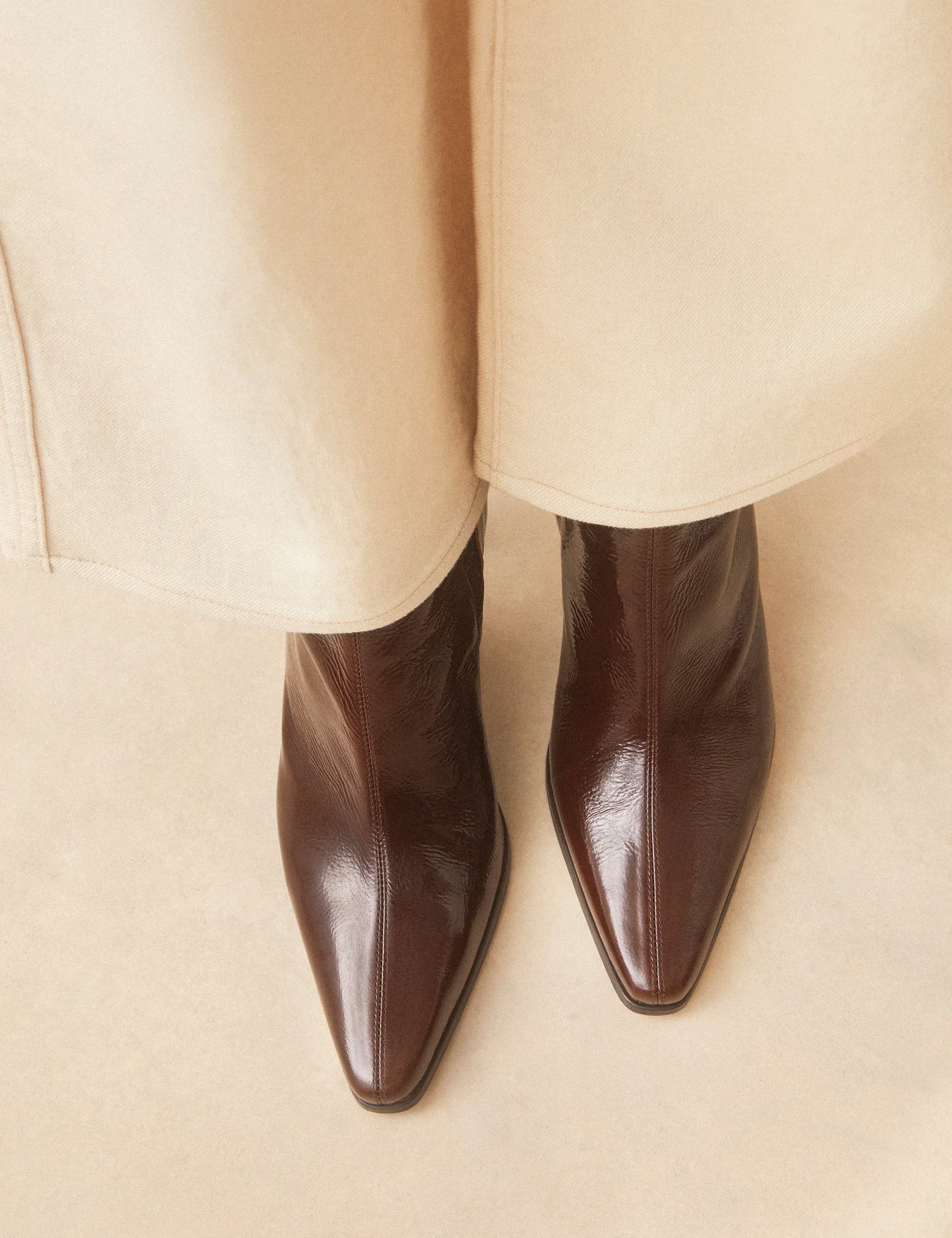 Bottines À Talons Cuir Vernis Marron Chocolat - Numéro 713 - Rivecour